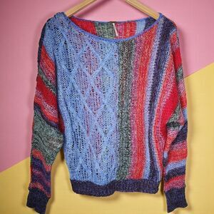 Free People Open Knit Sweater Mohair Alpaca Colorful Preppy Artsy Womens Medium